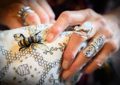 bee embroidery bag & silver rings